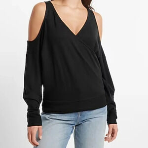 Express V-Neck Faux Wrap Open Shoulder Sweatshirt